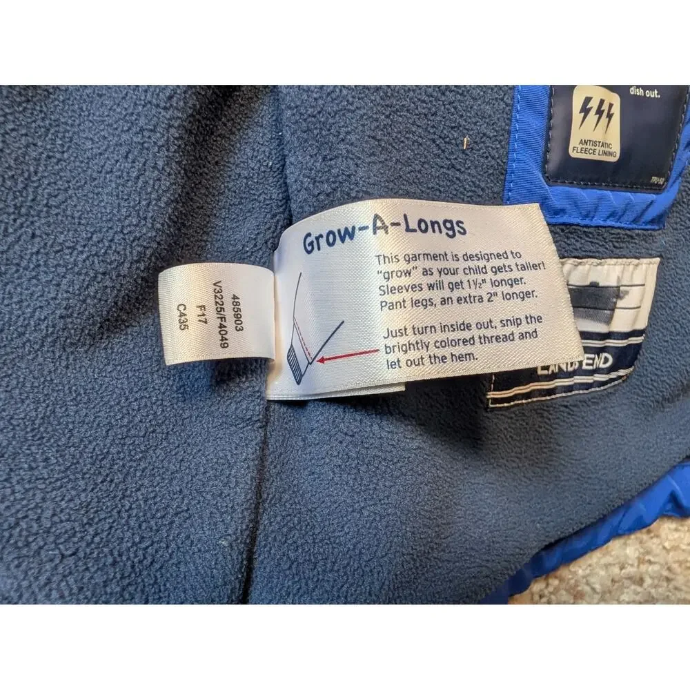 Lands' End Boys Blue Green Hooded Ski Jacket Waterproof Coat Grow-A-Longs F17